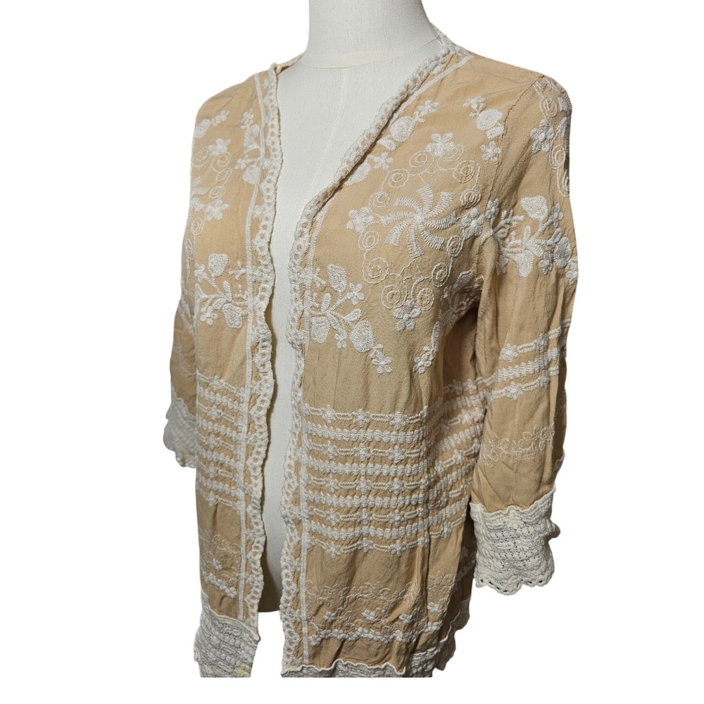 Solitaire Tan Embroidered Crochet‎ Lace Trim Open Front Kimono Top Medium Boho